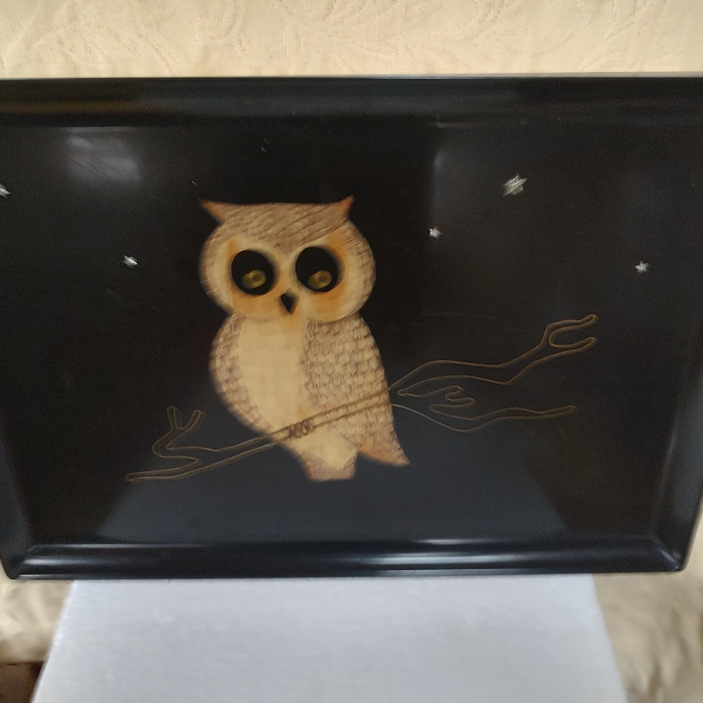 Vintage Couroc Of Monterey Owl And Stars Serving Tray Inlaid